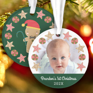 Green First Christmas Baby Foto Gingerbread Boy Ornament