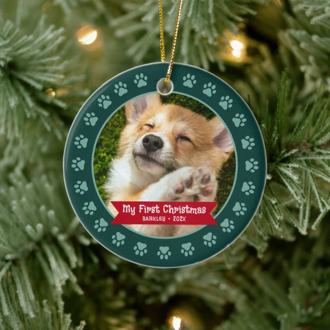 Green First Pet Puppy Foto Paws Custom Keramik Ornament (Baum)