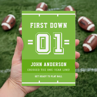 Green First Year Down Boy Football First Birthday Einladung