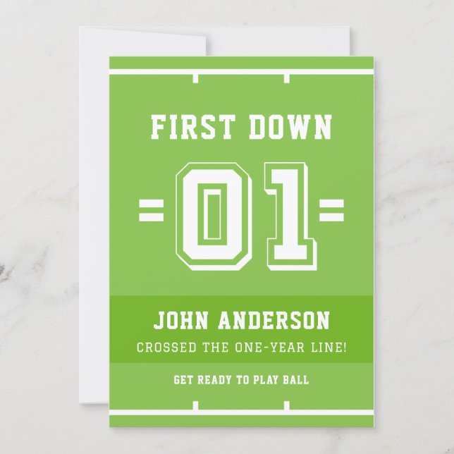 Green First Year Down Boy Football First Birthday Einladung (Vorderseite)