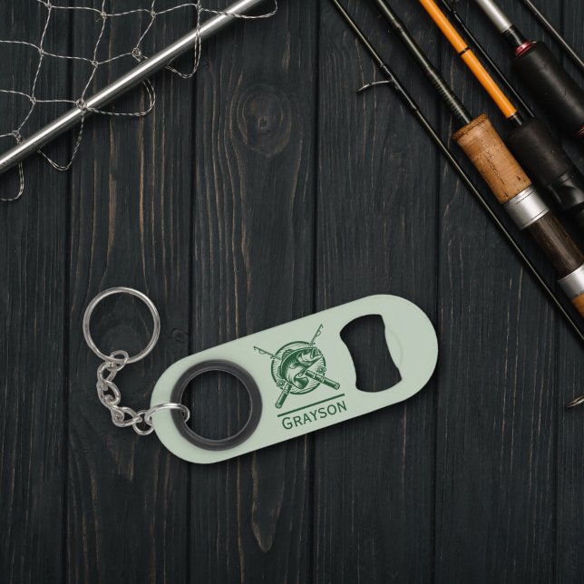 Green Fisherman Pole und Fische Personalisiert Mini Flaschenöffner (Green Fisherman Poles and Fish Personalized Keychain Bottle Opener)