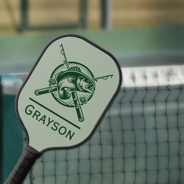 Green Fisherman Pole und Fische Personalisiert Pickleball Schläger (Green Fisherman Poles and Fish Personalized Pickleball Paddle)