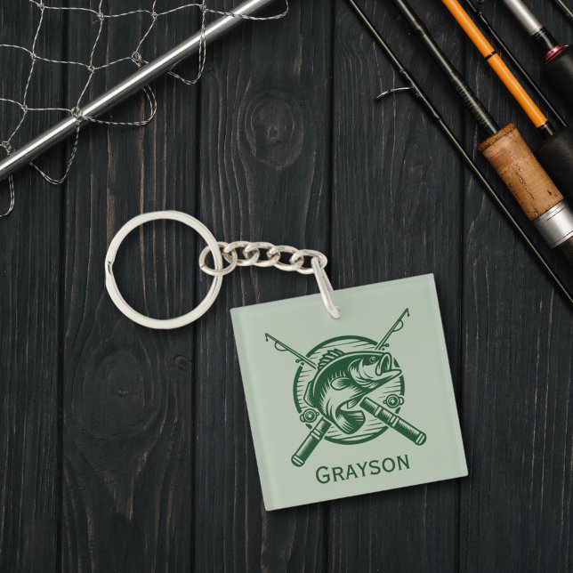 Green Fisherman Pole und Fische Personalisiert Schlüsselanhänger (Green Fisherman Poles and Fish Personalized Acrylic Keychain)