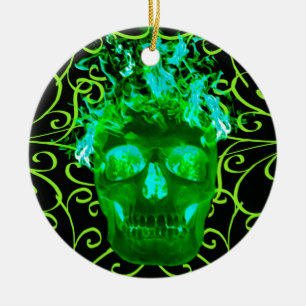 Green Flaming Skull Ornament