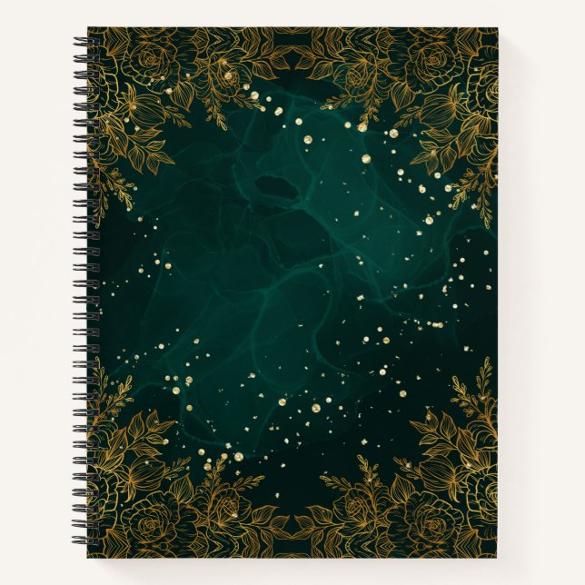 Green Floral and Gold Spiral Notebook Notizbuch (Vorderseite)