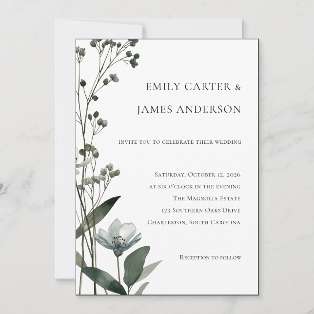 Green Floral Botanical Wedding Einladung (Vorderseite)