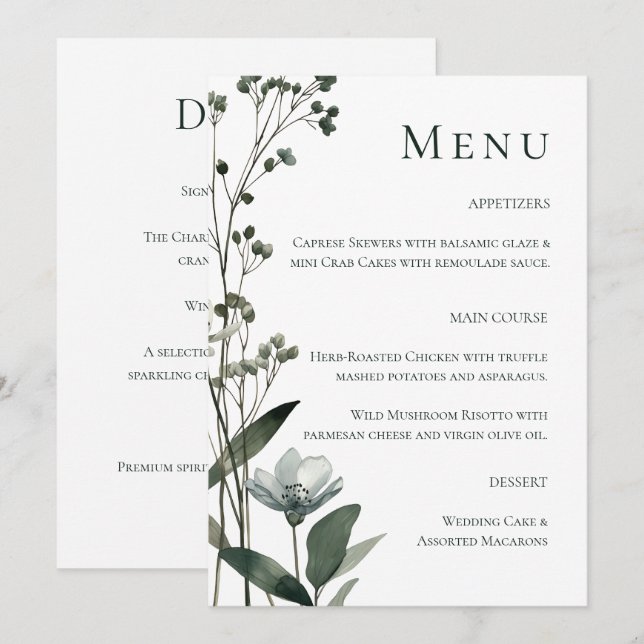 Green Floral Botanical Wedding Menükarte (Vorne/Hinten)
