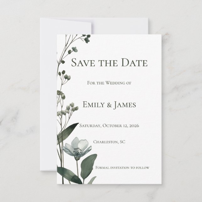 Green Floral Botanical Wedding Save The Date (Vorderseite)