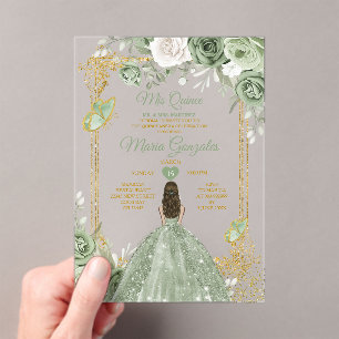 Green Floral Butterfly Gold Frame Mis Quince Acryleinladungen