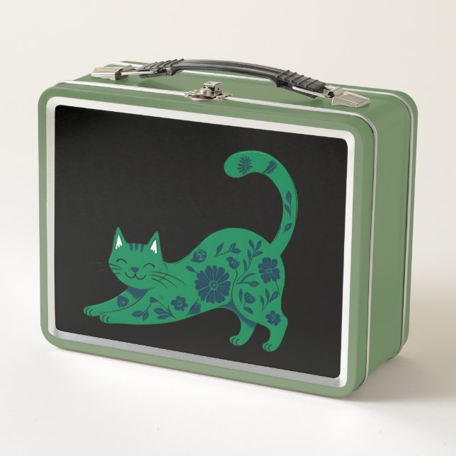 Green Floral cat lunch box (Vorderseite)