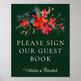 Green Floral Christmas Wedding Guest Book Poster