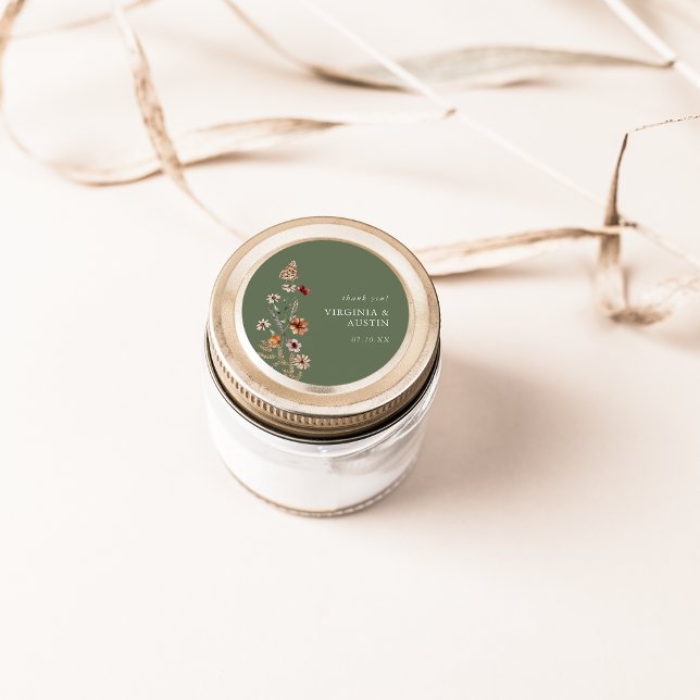 Green Floral Classic Round Aufkleber (Sage Green Floral Classic Round Sticker with Butterfly by Painted Paperie
)