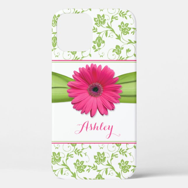 Green Floral Damask Pink Gerber Daisy Case-Mate iPhone Hülle (Rückseite)