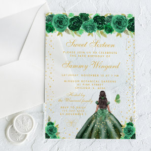 Green Floral Dark Skin Princess 16 . Geburtstag Acryleinladungen