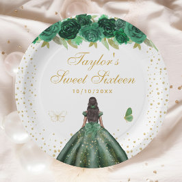 Green Floral Dark Skin Princess 16 . Geburtstag Pappteller