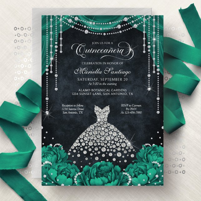 Green Floral Diamond Quinceanera Invitation Einladung (Von Creator hochgeladen)