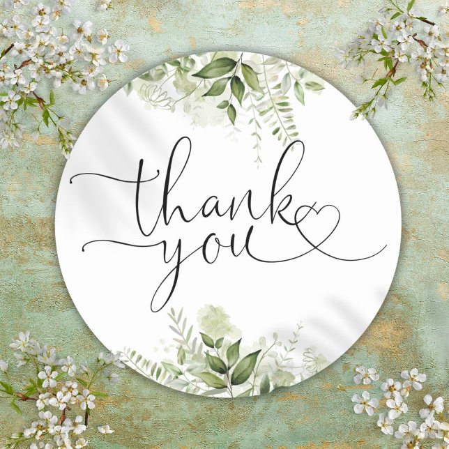 Green Floral Heart Script Vielen Dank Runder Aufkleber (Greenery Floral Heart Script Thank You Classic Round Sticker)