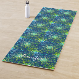 Green Floral Mandala Muster auf Navy Blue Yogamatte