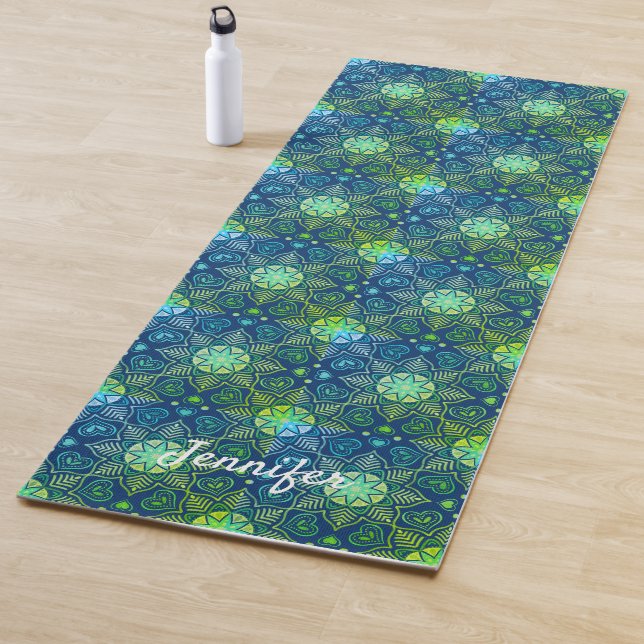 Green Floral Mandala Muster auf Navy Blue Yogamatte (Beispiel)