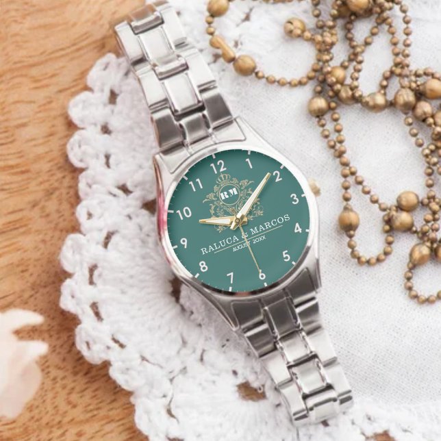  Green Floral Monogram Wedding Personalized Couple Armbanduhr (Von Creator hochgeladen)