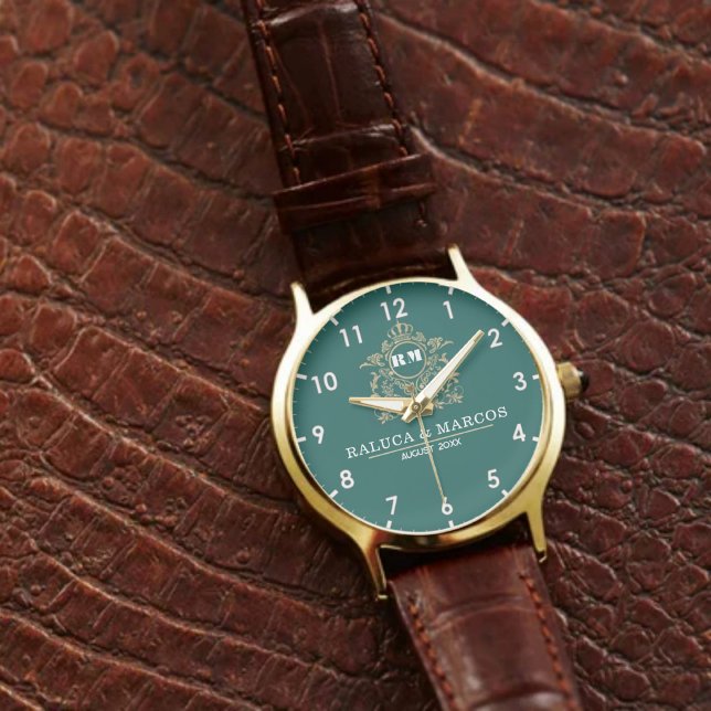  Green Floral Monogram Wedding Personalized Couple Armbanduhr (Von Creator hochgeladen)