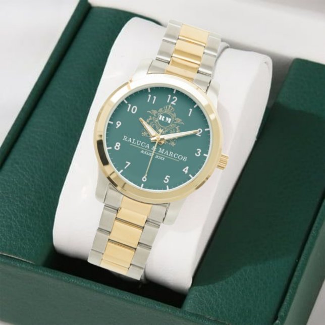  Green Floral Monogram Wedding Personalized Couple Armbanduhr (Von Creator hochgeladen)