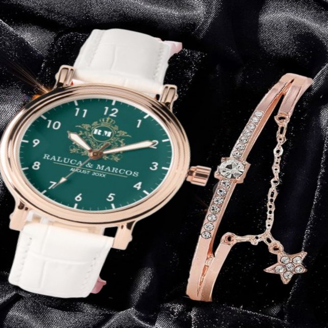  Green Floral Monogram Wedding Personalized Couple Armbanduhr (Von Creator hochgeladen)