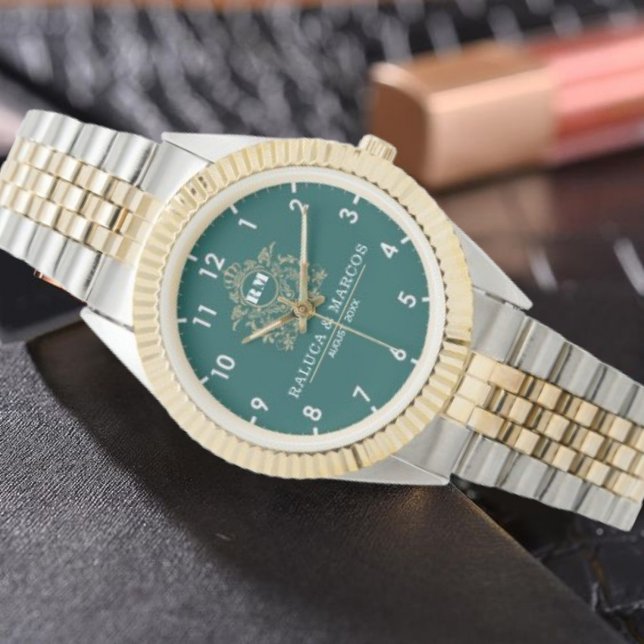  Green Floral Monogram Wedding Personalized Couple Armbanduhr (Von Creator hochgeladen)