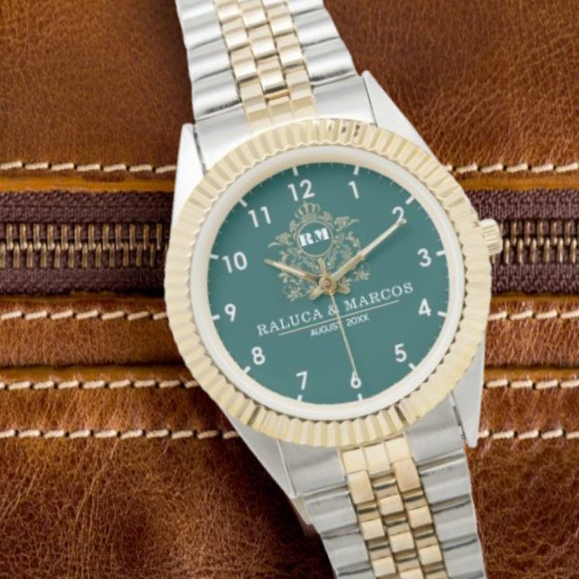  Green Floral Monogram Wedding Personalized Couple Armbanduhr (Von Creator hochgeladen)