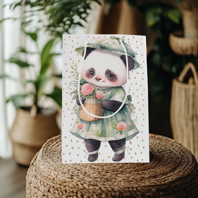 Green Floral Panda Baby Burp Tuch Mittlere Geschenktüte (Green Floral Panda Gift Bag)
