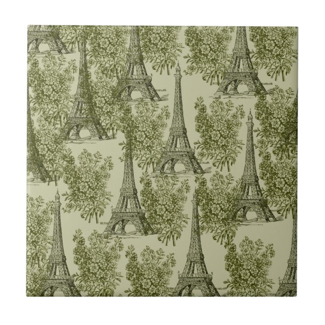 Green Floral Paris Eiffel Tower Fliese (Vorderseite)