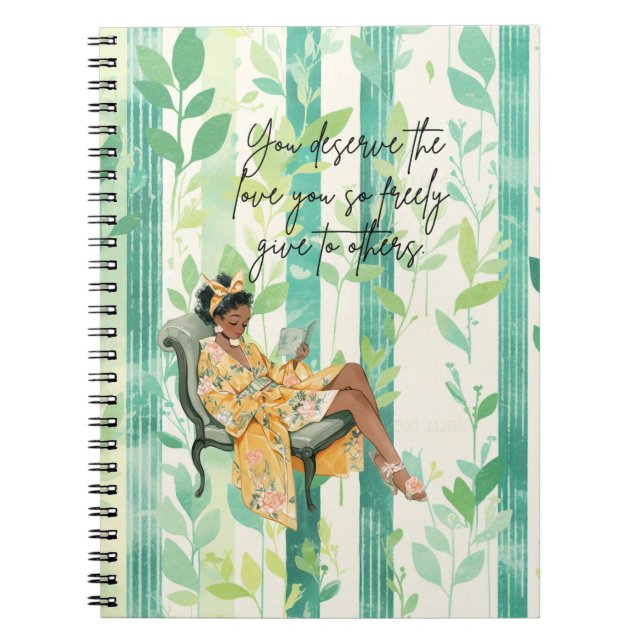 Green Floral Pattern Black Girl Reading Writer's Notizblock (Vorderseite)