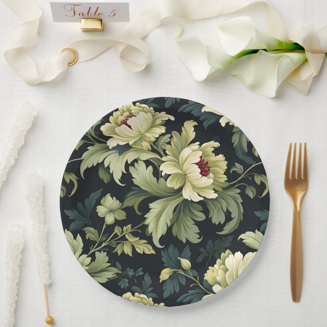 Green Floral Peony Modern Pappteller (Hochzeit)