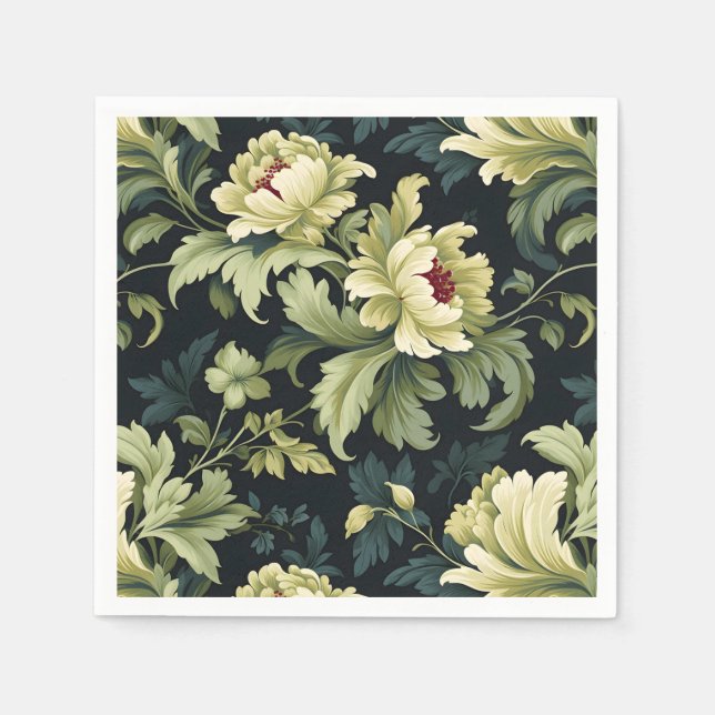 Green Floral Peony Modern Serviette (Vorderseite)