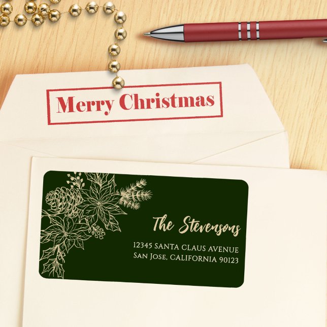 Green Floral Poinsettia Holiday Rücksendeadresse Adressaufkleber (Von Creator hochgeladen)