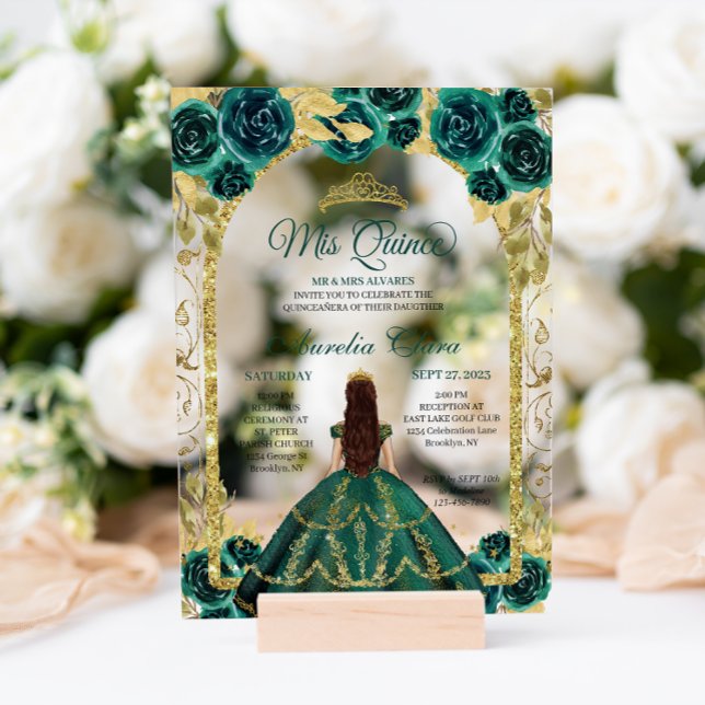 Green Floral Princess Gold Arch Quinceanera Acryleinladungen (Von Creator hochgeladen)