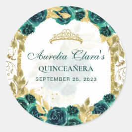 Green Floral Princess Gold Arch Quinceanera Runder Aufkleber