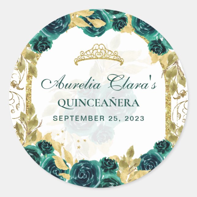 Green Floral Princess Gold Arch Quinceanera Runder Aufkleber (Vorderseite)
