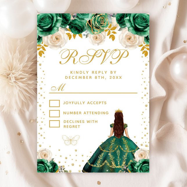 Green Floral Princess Quinceañera RSVP Karte (Von Creator hochgeladen)