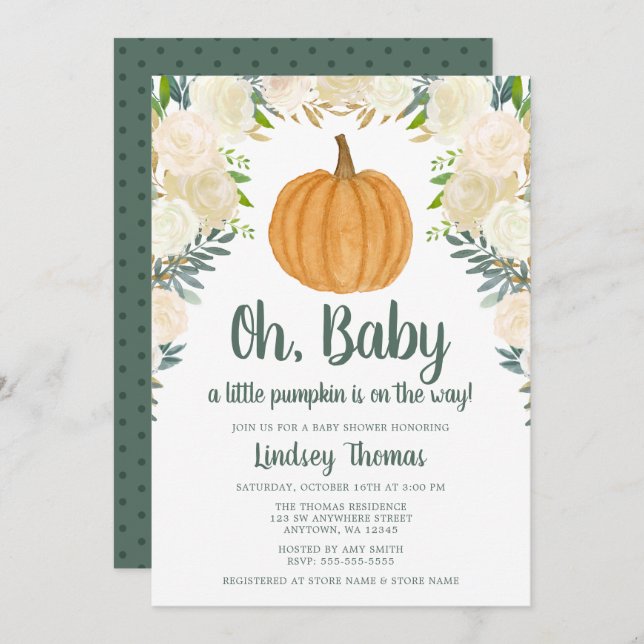 Green Floral Pumpkin Fall Baby Shower Einladung (Vorne/Hinten)
