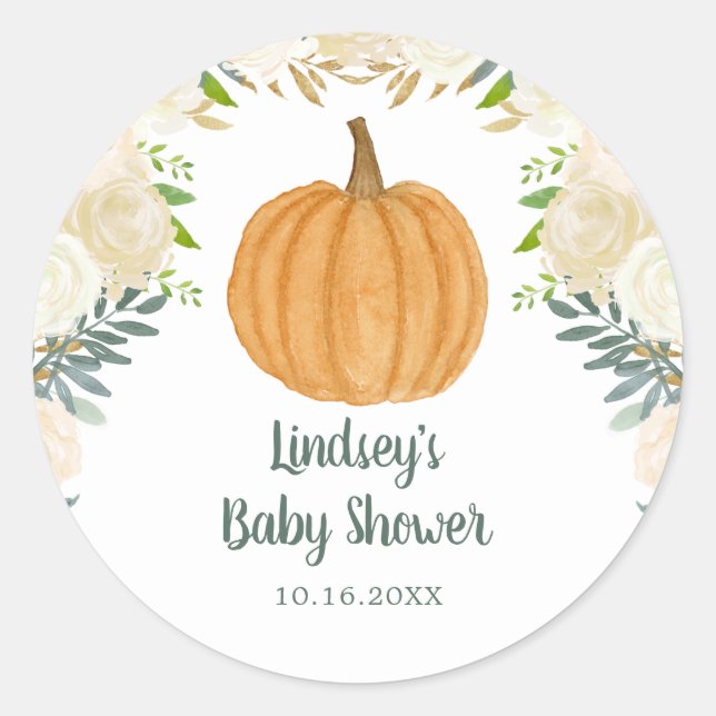 Green Floral Pumpkin Fall Baby Shower Runder Aufkleber (Vorderseite)