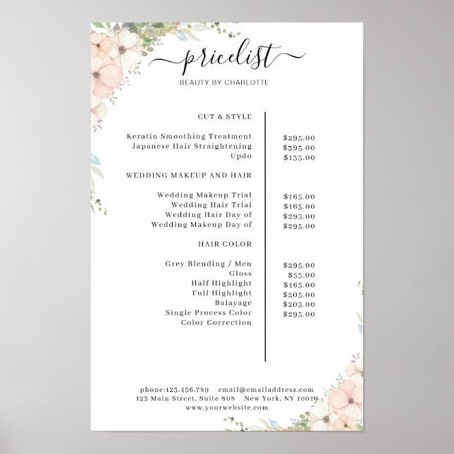 Green Floral Salon Preisliste Poster (Vorne)