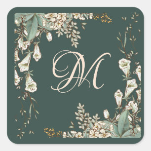 Green Floral Script Monogram Elegant Wedding Quadratischer Aufkleber