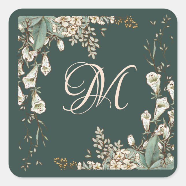 Green Floral Script Monogram Elegant Wedding Quadratischer Aufkleber (Vorderseite)