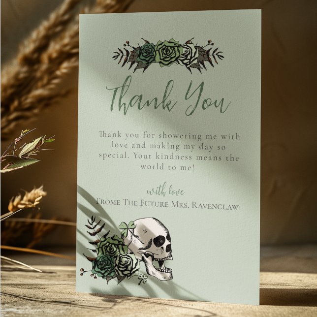 Green Floral Skull und Rose Irish Brautparty Dankeskarte (Elegant Irish Gothic Thank You Card for Bridal Shower or St. Patrick's Day. Hand Drawn Skull & Roses)