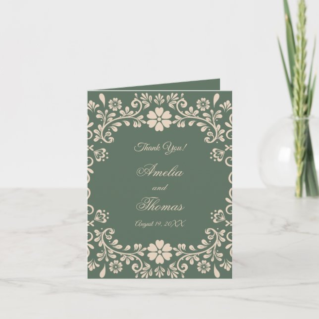 Green Floral Vintage Hochzeit Danke Karte (Vorderseite)