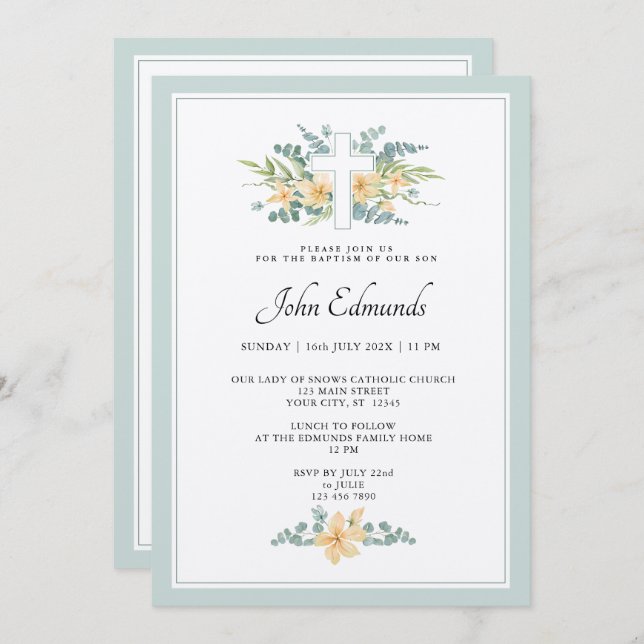 Green Floral Watercolor Baptism Invitation Einladung (Vorne/Hinten)