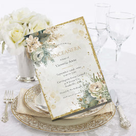 Green Floral Watercolor Gold Rustikale Quinceñera Einladung
