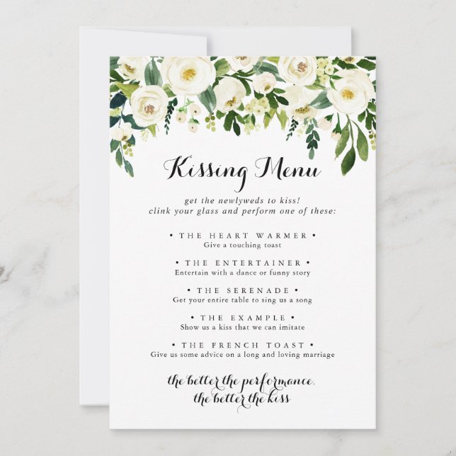 Green Floral Wedding Kissing Menu Game Card (Vorderseite)