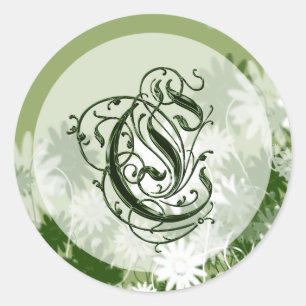 Green Floral Wedding Monogram C Siegel Runder Aufkleber